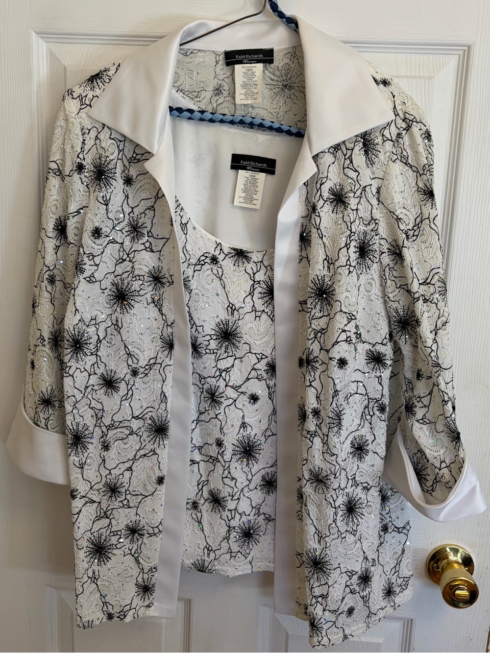 R & M Richards White Sequin Floral Jacket and Tank Set